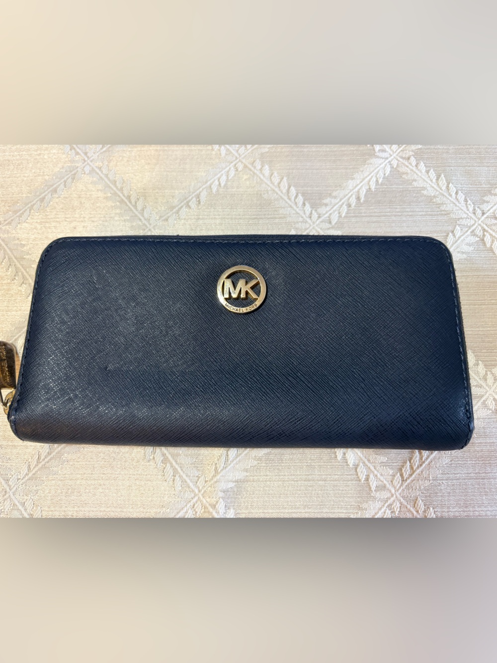 Michael Kors Navy Zip-Around Dark Navy Wallet with Gold Logo